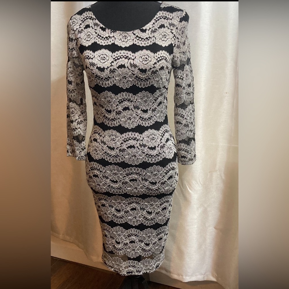 Eclipse Stretchy Form Fitting Lace Dress Size S Black and Silver.